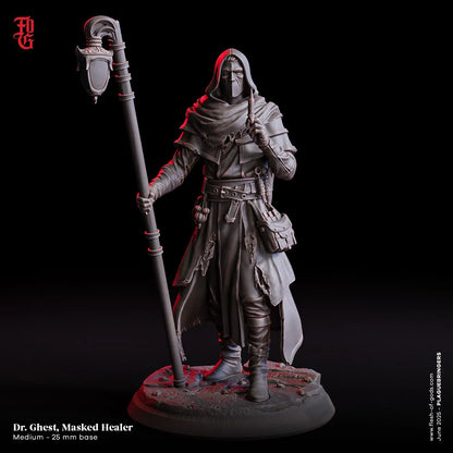 Dr. Ghest, Masked Healer | Human Cleric Miniature | 32mm Scale or 75mm Scale - Plague Miniatures