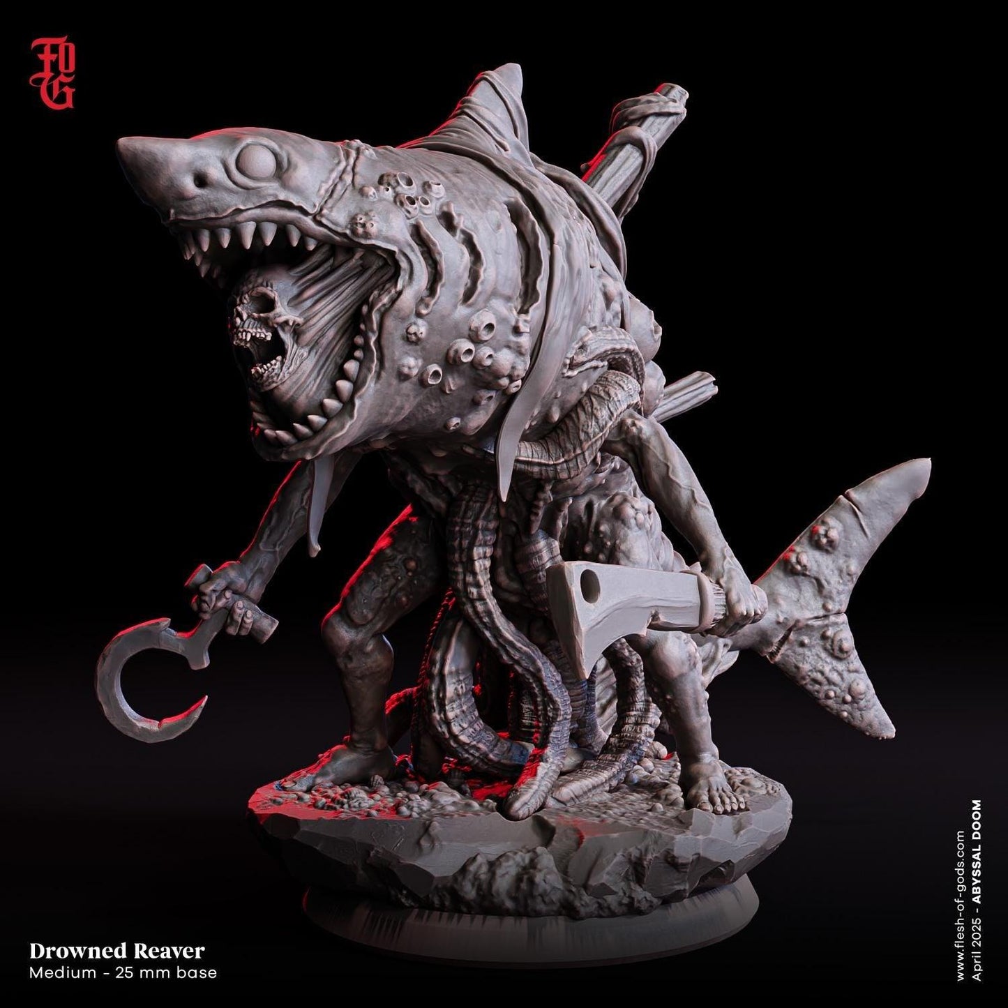 Drowned Reaver, Undead Sahuagin | Shark-Hybrid Nautical Monster Miniature | 32mm Scale - Plague Miniatures