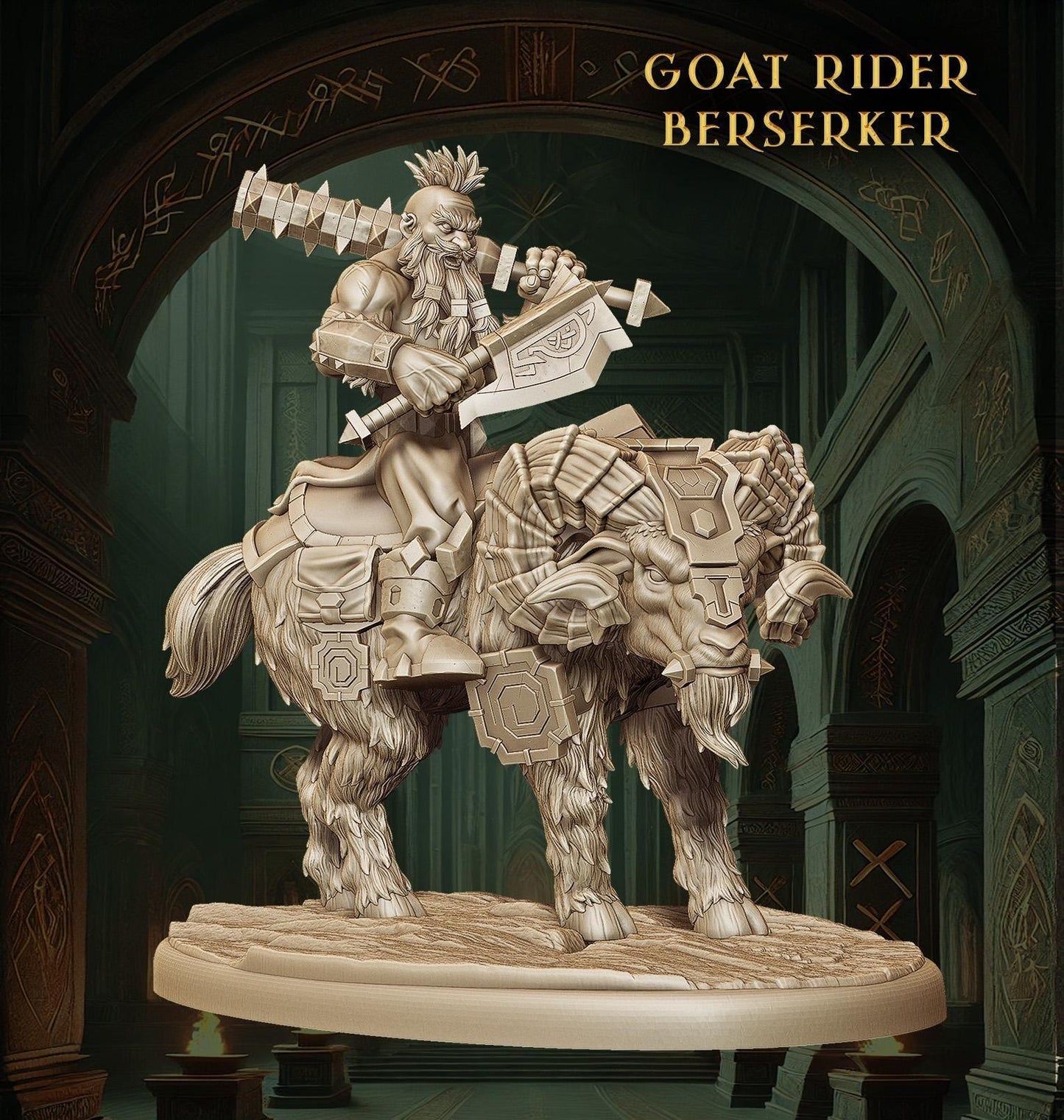 Dwarf Berserker | Goat Rider Dwarf Miniature | Raging Warrior Tabletop Figure | 50mm Base - Plague Miniatures