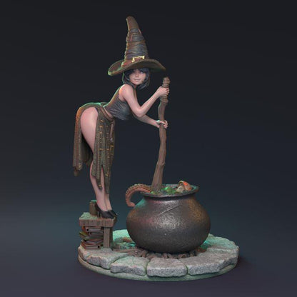 Female Witch Miniature with Boiling Cauldron | 32mm Scale or 75mm Scale - Plague Miniatures