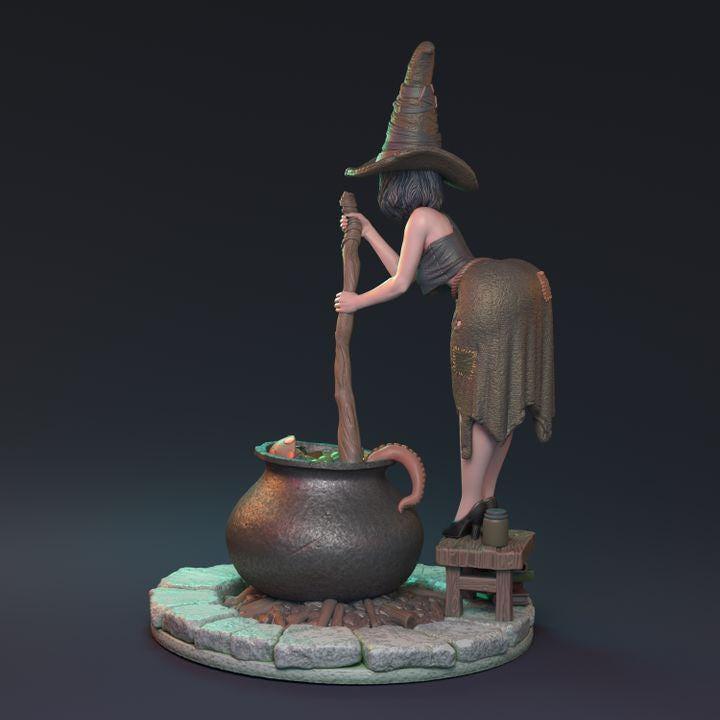 Female Witch Miniature with Boiling Cauldron | 32mm Scale or 75mm Scale - Plague Miniatures