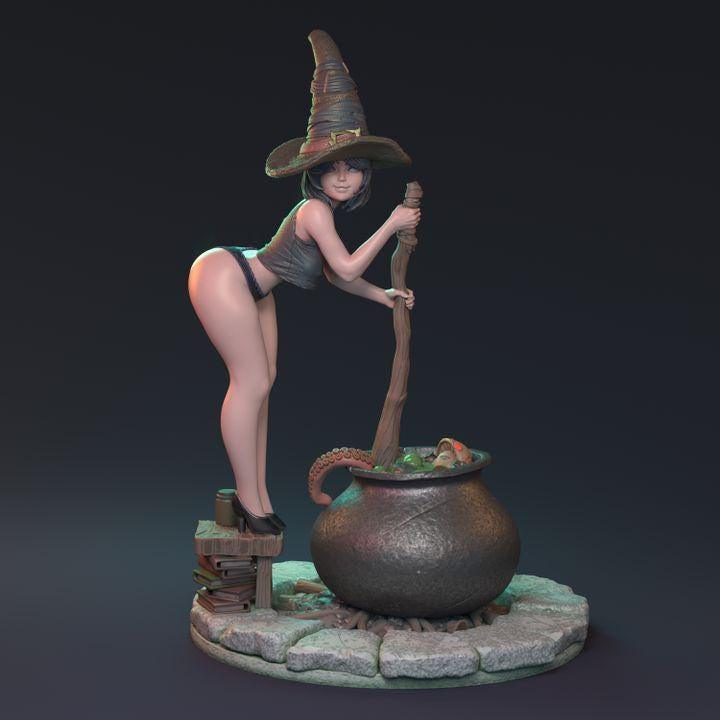 Female Witch Miniature with Boiling Cauldron | 32mm Scale or 75mm Scale - Plague Miniatures