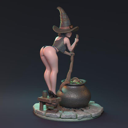 Female Witch Miniature with Boiling Cauldron | 32mm Scale or 75mm Scale - Plague Miniatures