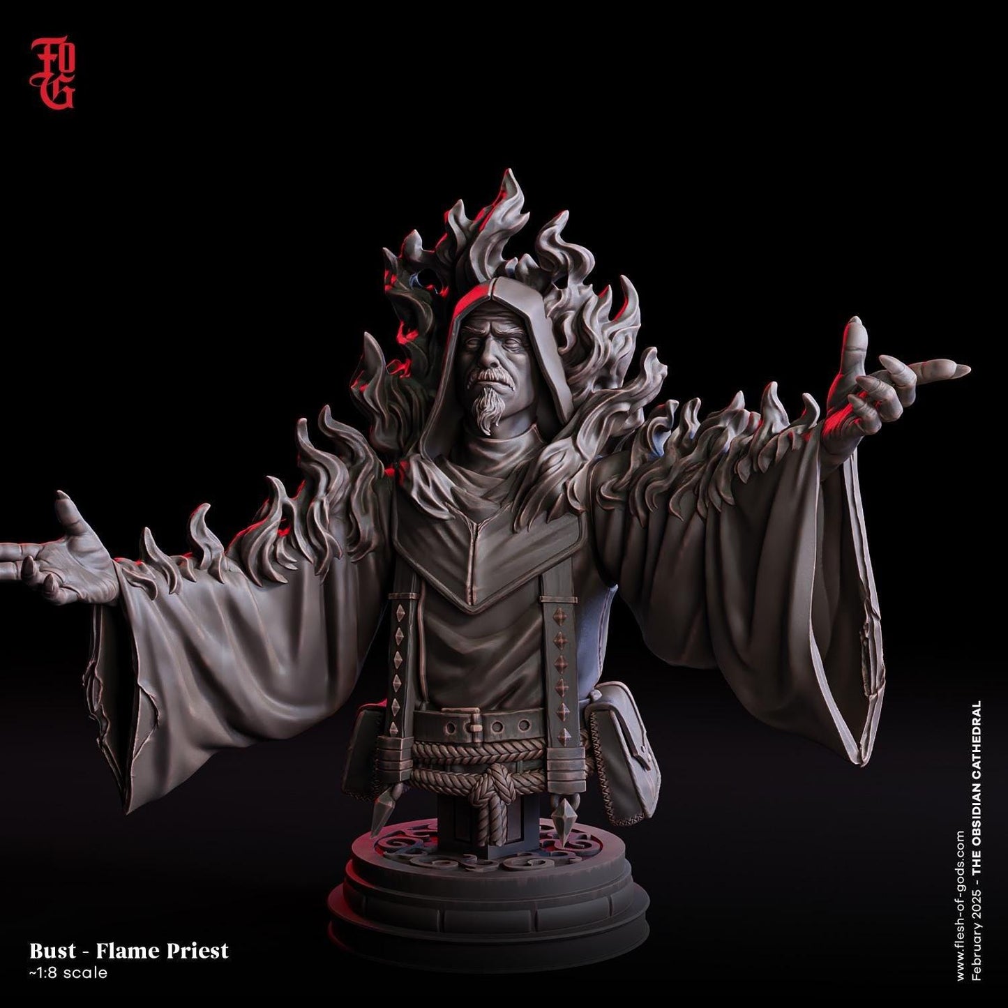 Flame Priest Miniature | DnD Fire Mage Spellcaster Figurine | 32mm Scale or 75mm Scale - Plague Miniatures