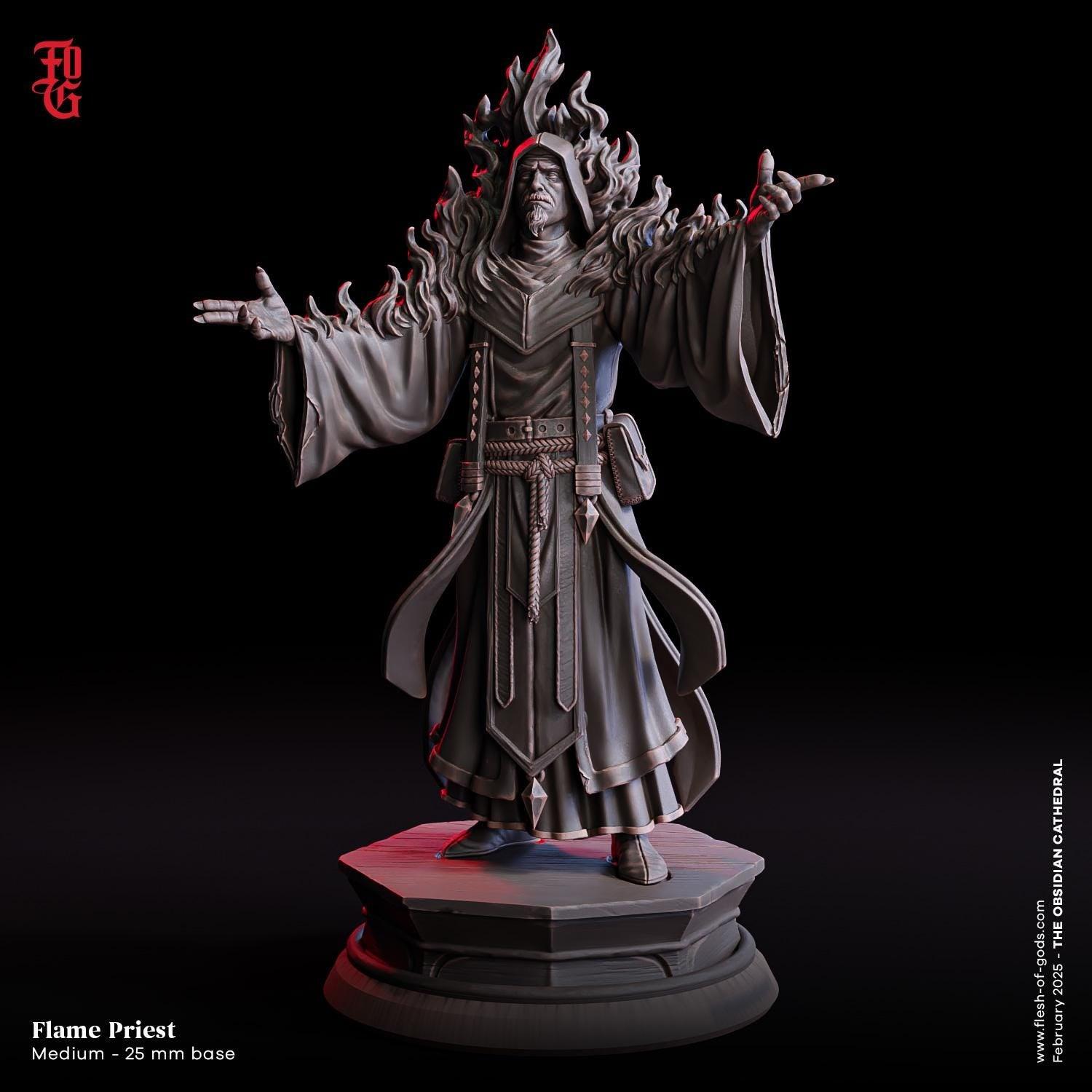 Flame Priest Miniature | DnD Fire Mage Spellcaster Figurine | 32mm Scale or 75mm Scale - Plague Miniatures