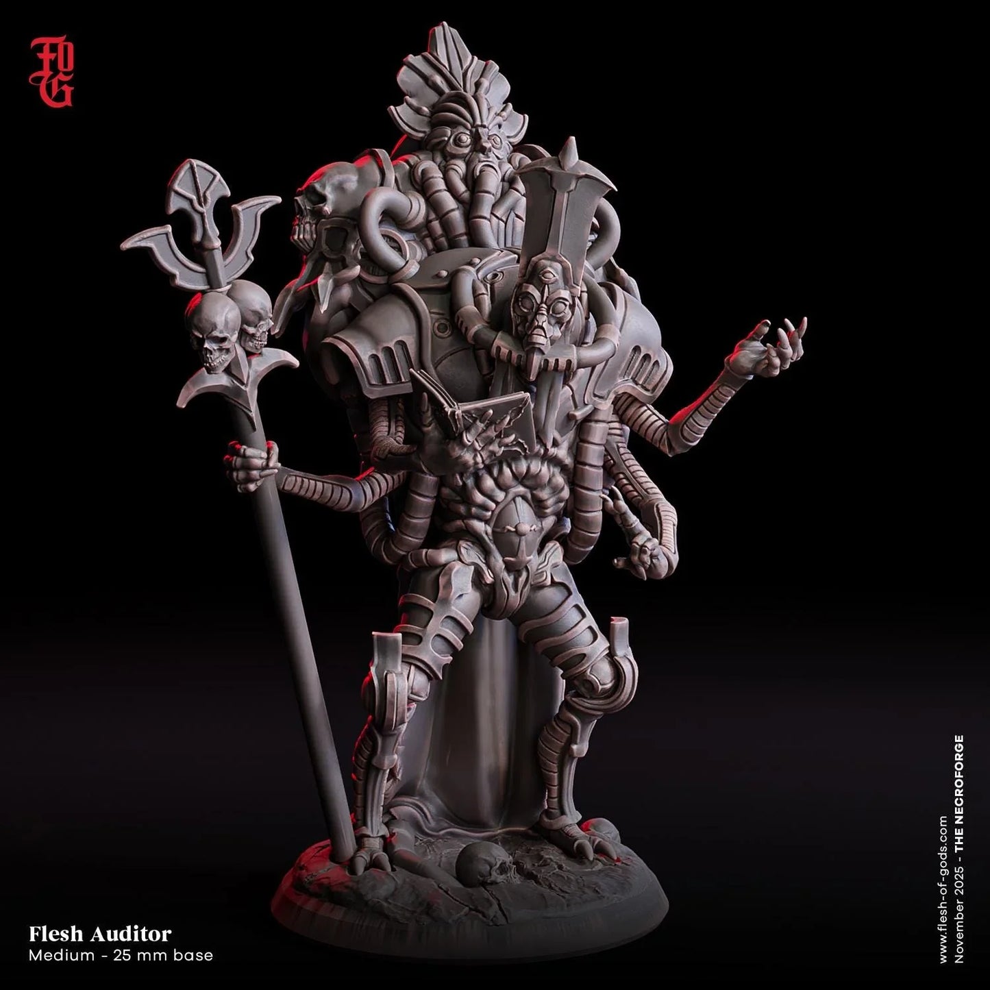 Flesh Auditor miniature figurine, sci-fi horror design with skull staff and mechanical details