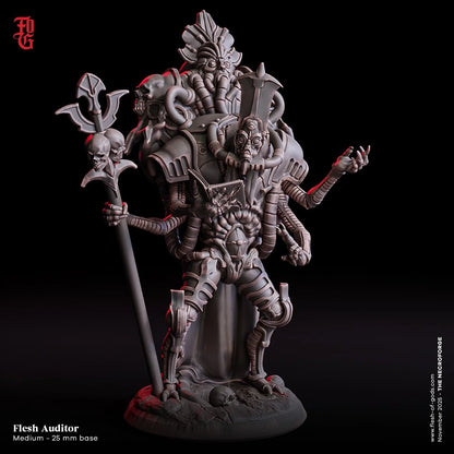 Flesh Auditor miniature figurine, sci-fi horror design with skull staff and mechanical details