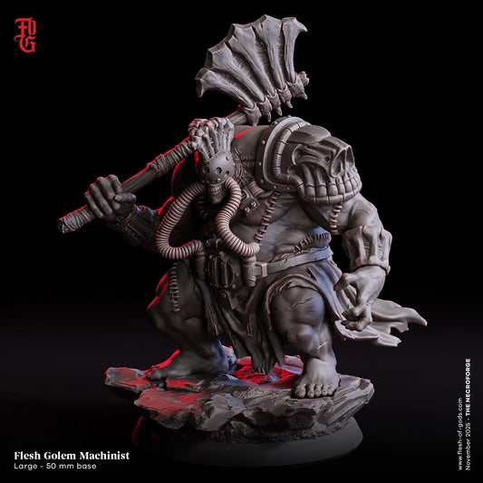 Flesh Golem Machinist miniature with mechanical details, large axe, on rocky base