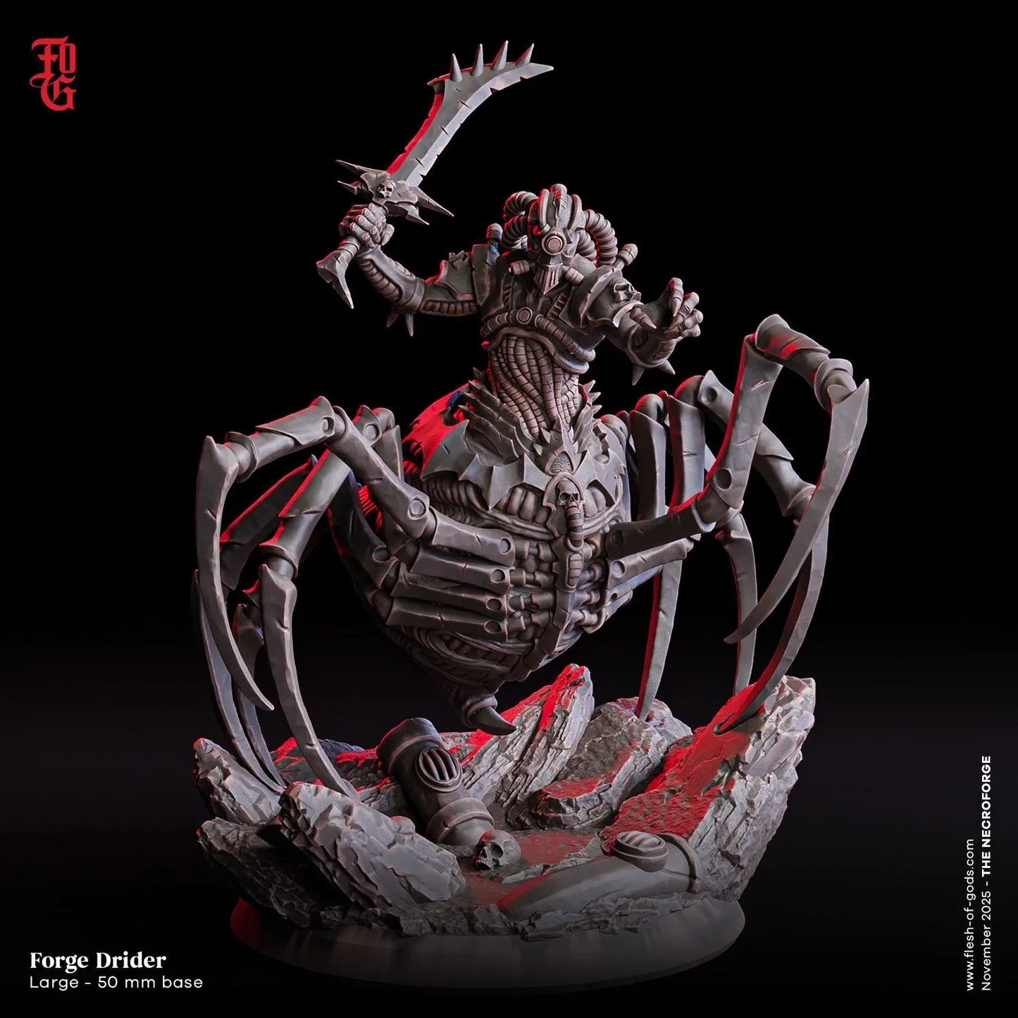 Forge Drider miniature with mechanical spider legs, sword, and rocky base for tabletop gaming.