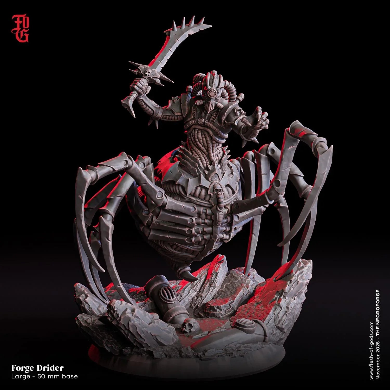 Forge Drider miniature with mechanical spider legs, sword, and rocky base for tabletop gaming.