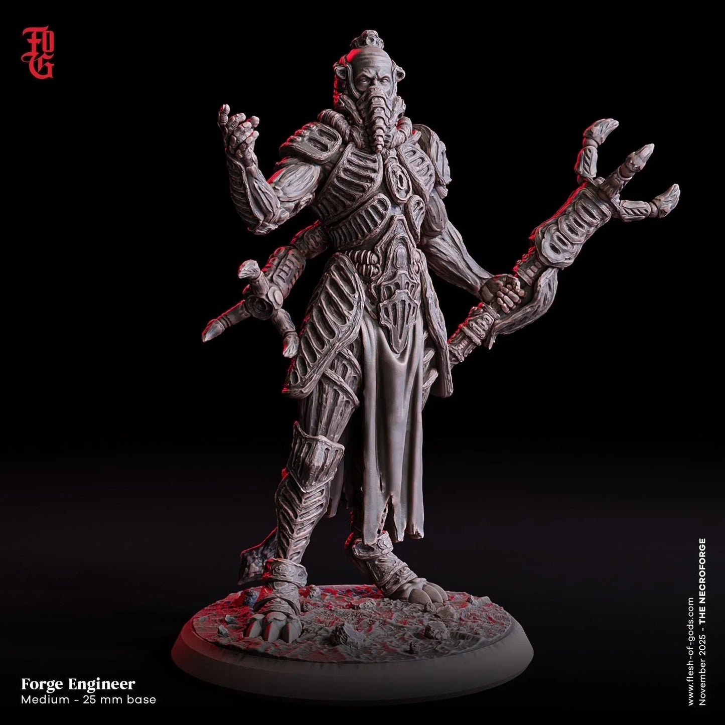 Highly detailed sci-fi forge engineer miniature figurine with armor, staff, and 25mm base.