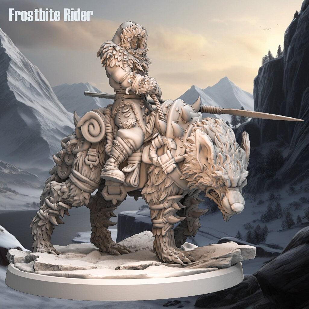 Frostbite Rider Miniature | Wolf Mount | 32mm Scale - Plague Miniatures