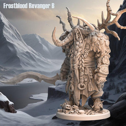 Frostblood Revenger Miniature | Horned Yakfolk Warrior | 32mm Scale - Plague Miniatures