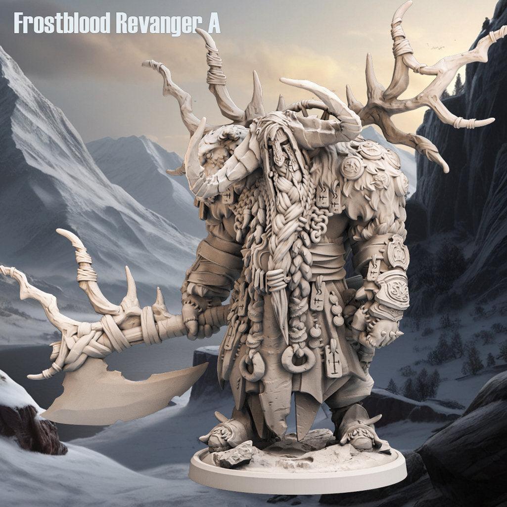Frostblood Revenger Miniature | Horned Yakfolk Warrior | 32mm Scale - Plague Miniatures