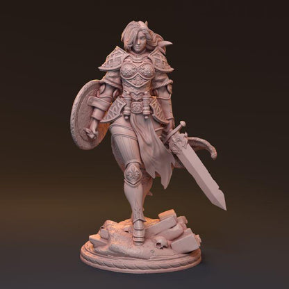 Galdran, Valiant Blade | Human Female Knight Miniature Fighter Warrior | 32mm Scale or 75mm Scale - Plague Miniatures