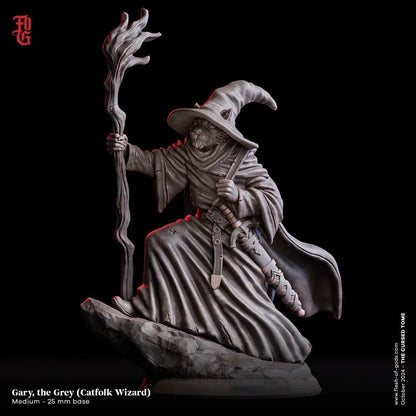Gary the Grey Catfolk Wizard Miniature | Feline Spellcaster Figure | 32mm Scale or 75mm Scale - Plague Miniatures