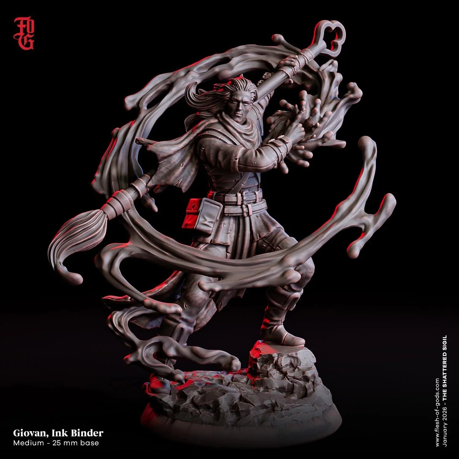 Giovan, Ink Binder Miniature | Male Human Spellcaster Warlock Wizard Figurine | 32mm Scale or 75mm Scale - Plague Miniatures
