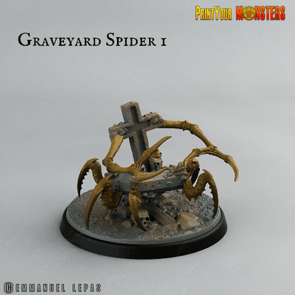 Graveyard Spider Miniature | Halloween Miniature Headstone Spider Terrain | 50mm Base - Plague Miniatures