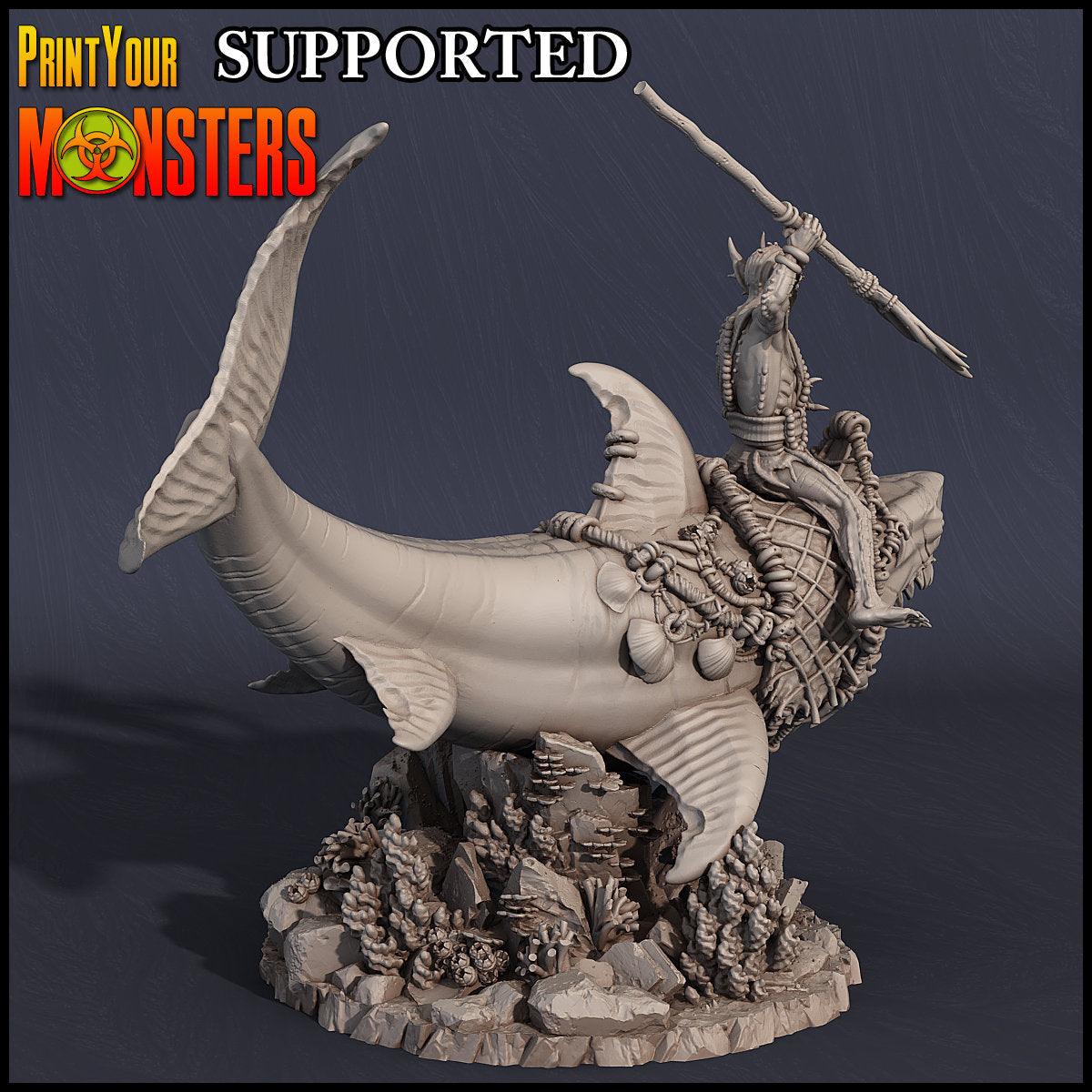 Great White Shark Miniature | Underwater Monster Figure for Fantasy Wargaming | 50mm Base - Plague Miniatures