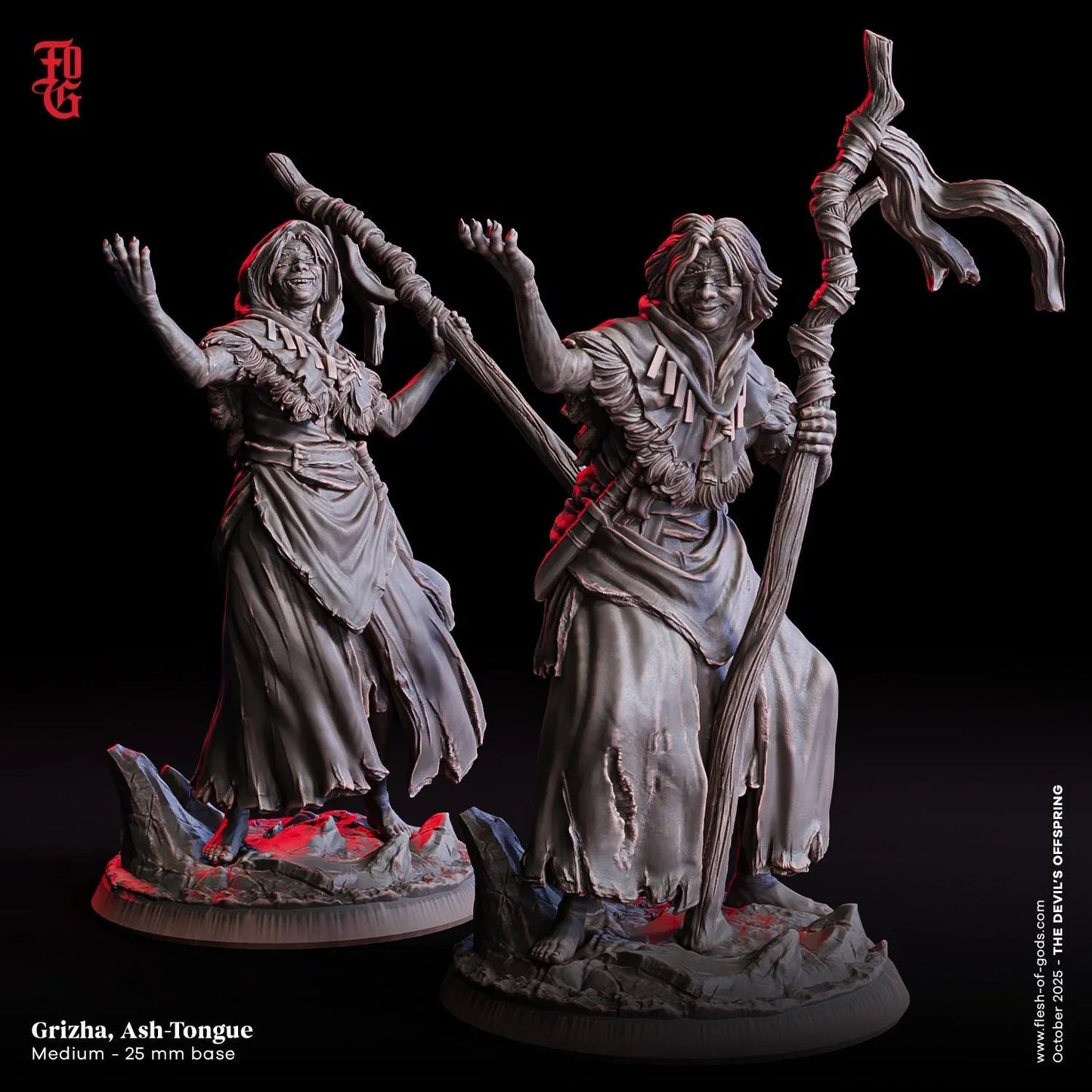 Grizha, Ash-Tongue Miniature | Female Seer Spellcaster Figurine | 32mm Scale or 75mm Scale - Plague Miniatures