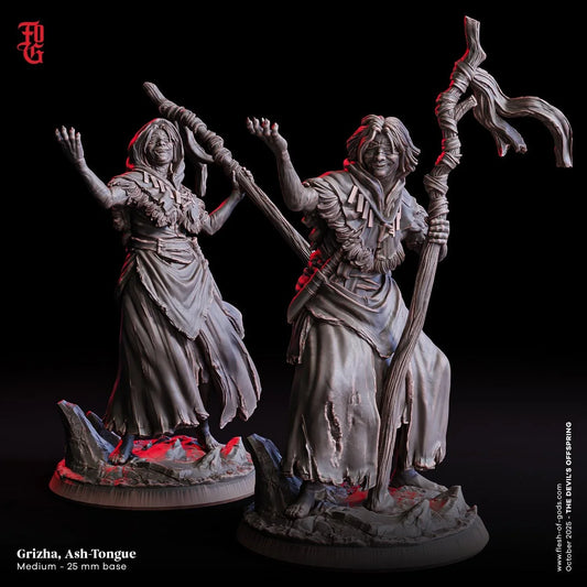 Grizha, Ash-Tongue Miniature | Female Seer Spellcaster Figurine | 32mm Scale or 75mm Scale - Plague Miniatures