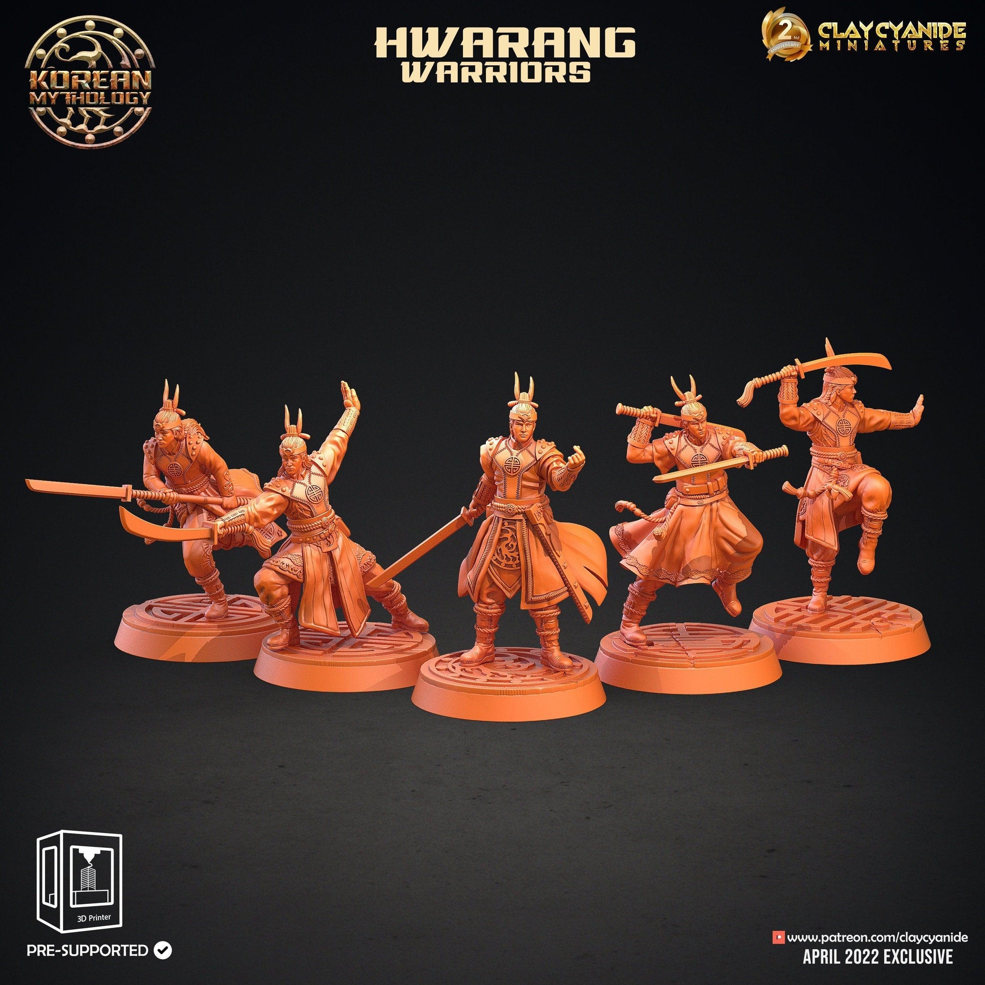 Hwarang Fighter Miniature | 5 Dynamic Figures with Long Swords for DnD 5e | 32mm Scale - Plague Miniatures