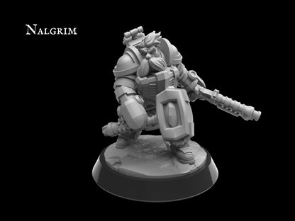 Sergeant Grimbold, Armored Dwarf Miniature | Heavy Assault Squad Leader - Plague Miniatures