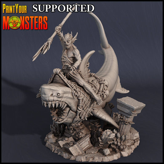 Merfolk Rider on Great White Shark Miniature | Fantasy Wargaming Figure | 50mm Base - Plague Miniatures