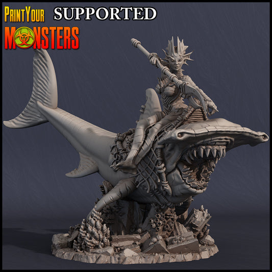 Merfolk Rider on Hammerhead Shark Miniature | Fantasy Wargaming Figure - Plague Miniatures