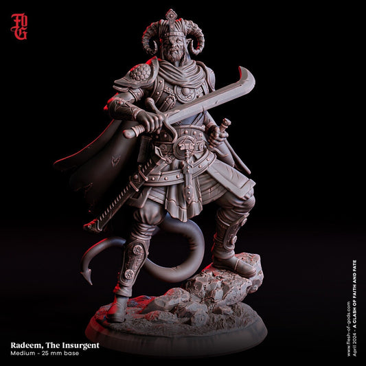 Radeem, the Insurgent Miniature | Male Tiefling Fighter Figurine | 32mm Scale or 75mm Scale - Plague Miniatures