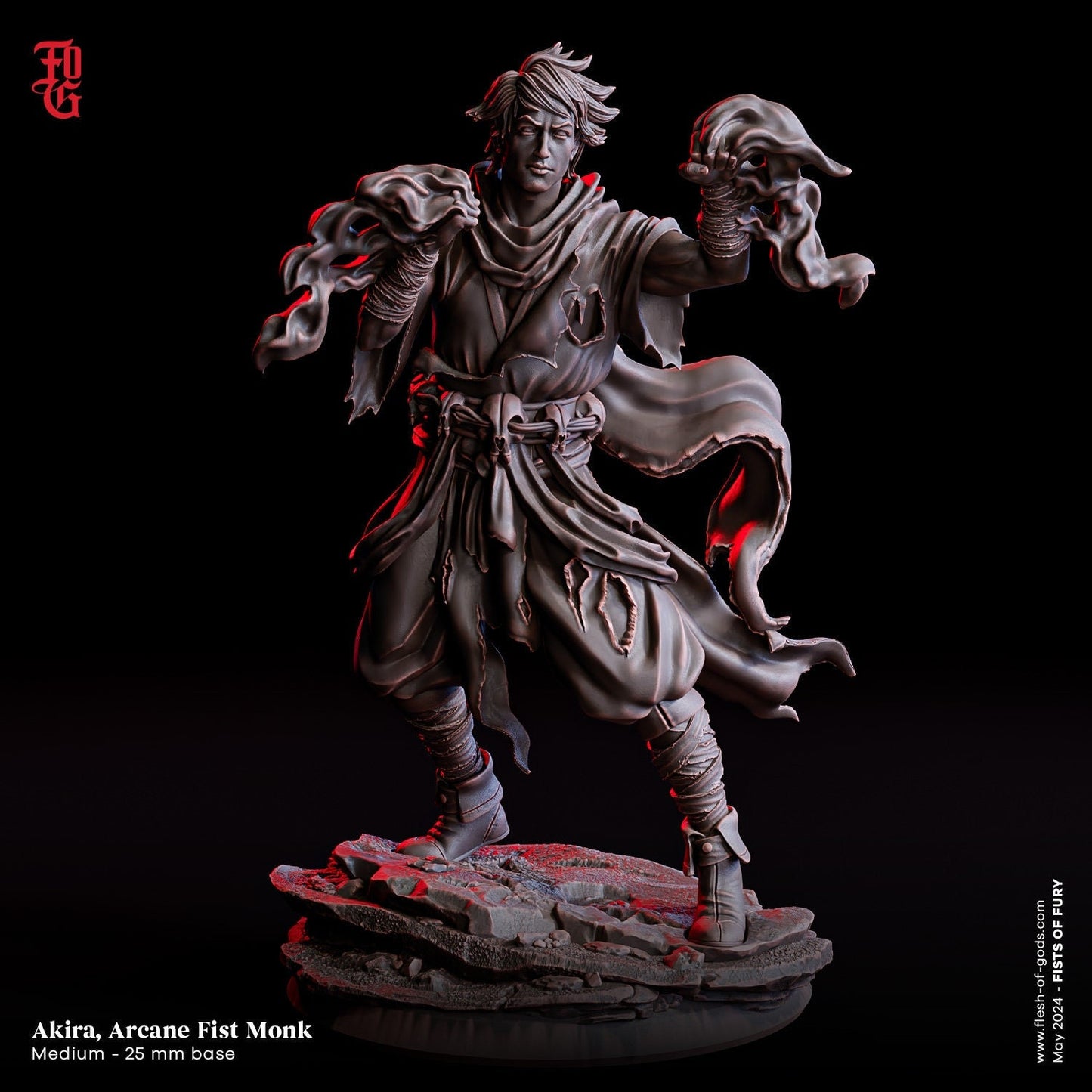 Akira, Arcane Fist Monk Miniature | Male Human Monk for Tabletop RPGs | 32mm Scale or 75mm Scale - Plague Miniatures