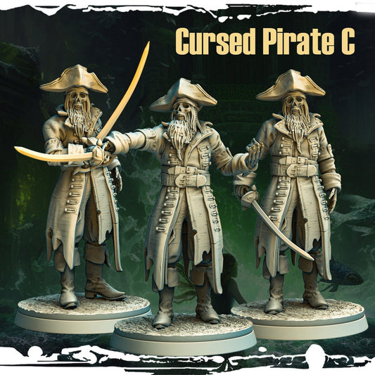 Cursed Undead Pirate Miniature | Skeleton Pirate with Long Sword | 3 poses | 32mm Scale - Plague Miniatures