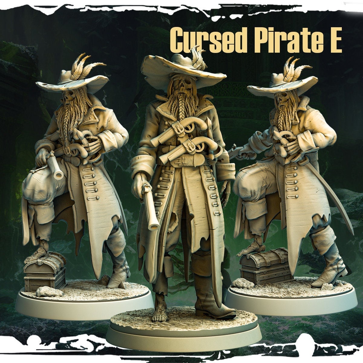 Dread Pirate Captain Miniature | Skeleton Gunslinger Seafarer | 3 poses | 32mm Scale - Plague Miniatures