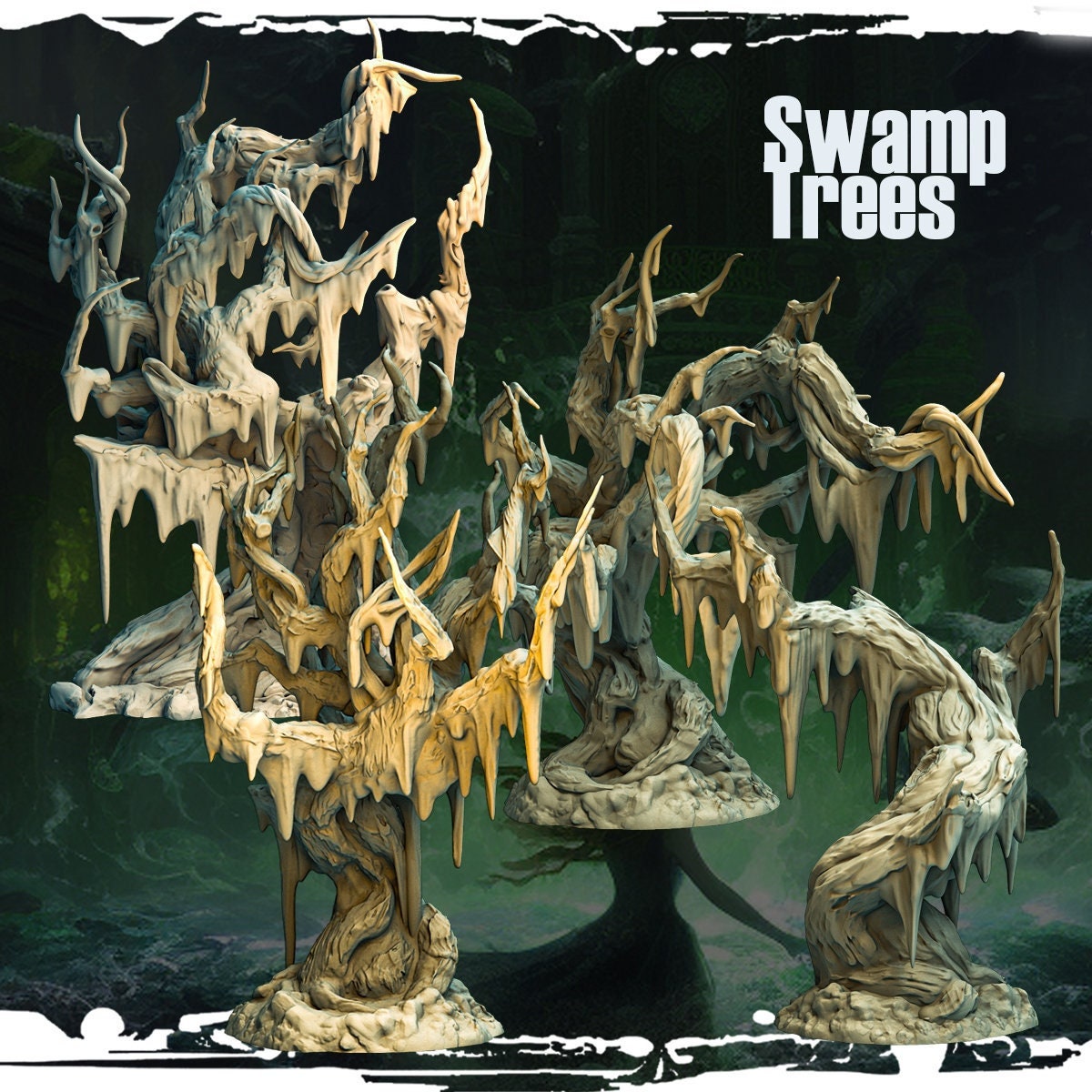 Swamp Tree Miniatures - Set of 4 | Ruins Scenery for TTRPGs | 32mm Scale - Plague Miniatures