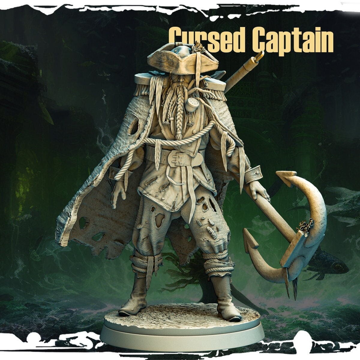 Cursed Pirate Captain Miniature | Skeleton Seafarer Fiend | 32mm Scale - Plague Miniatures