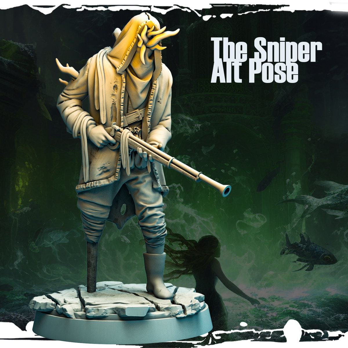 Pirate Sniper, Cthulhu Aberration Miniature | Monster Figure in 3 Poses | 32mm Scale - Plague Miniatures