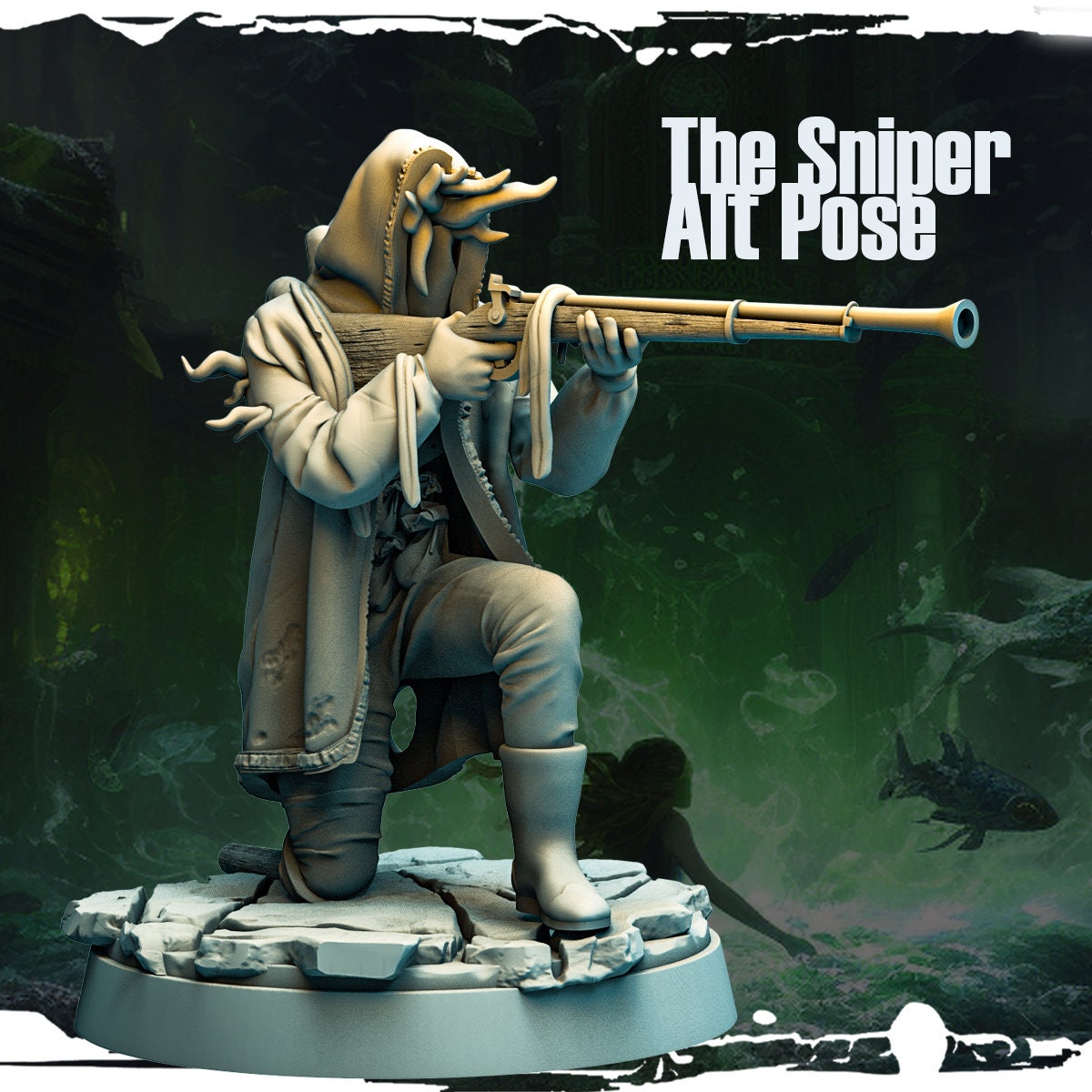 Pirate Sniper, Cthulhu Aberration Miniature | Monster Figure in 3 Poses | 32mm Scale - Plague Miniatures