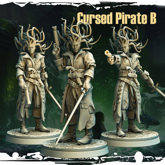 Undead Pirate Miniature | DnD Cthulhu Monster with Tentacle Hair | 3 poses | 32mm Scale - Plague Miniatures