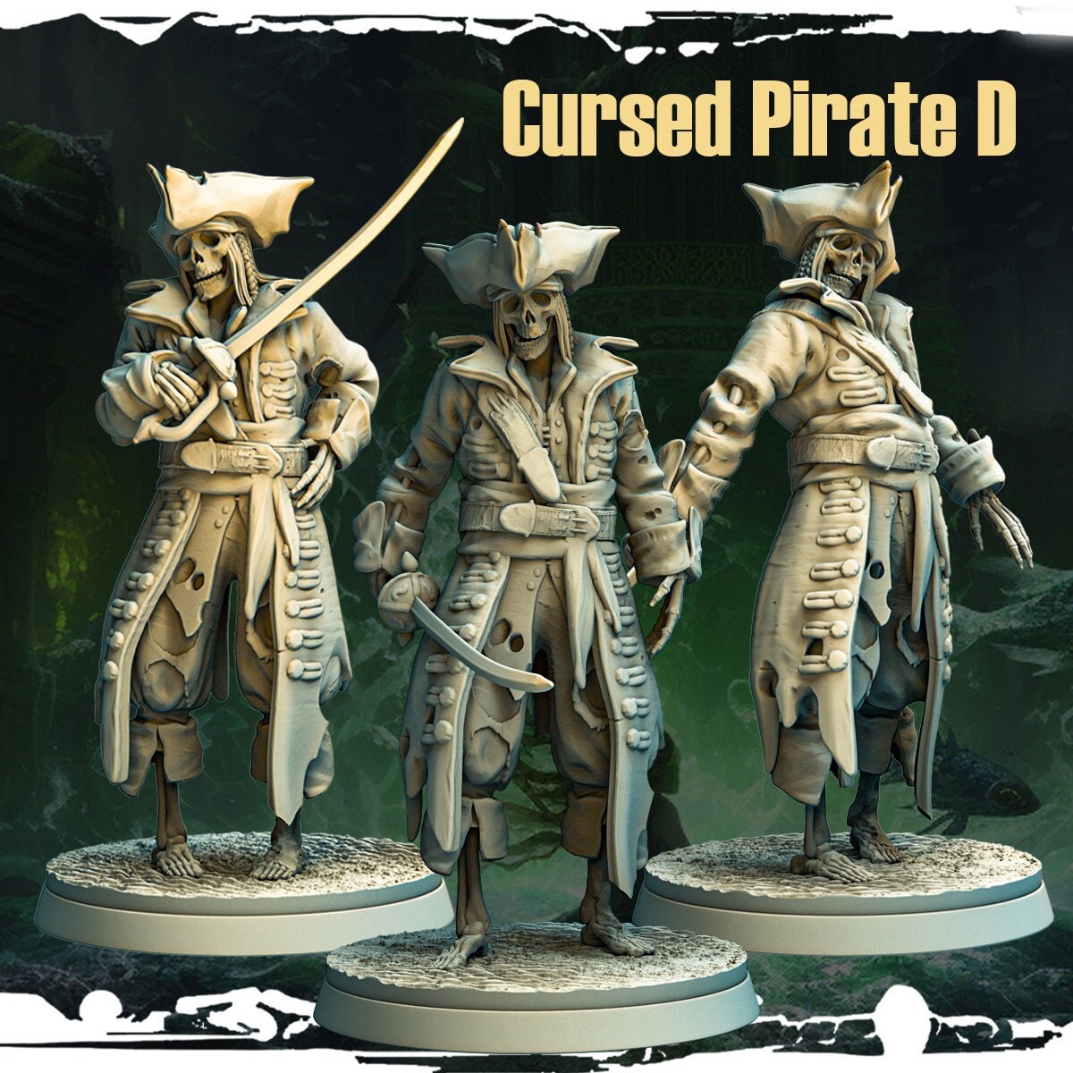 Undead Pirate Captain Miniature | Skeleton Monster for Tabletop RPGs | 3 poses | 32mm Scale - Plague Miniatures