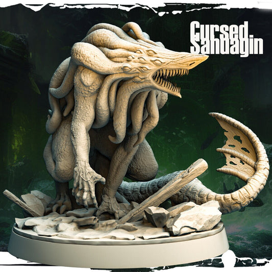 Cursed Sahuagin Miniature | Large Shark Monstrosity | 50mm Base - Plague Miniatures