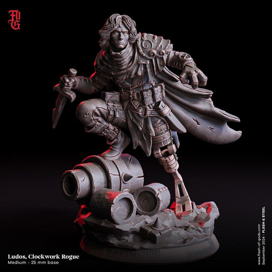 Ludos, Clockwork Rogue Miniature | Human Steampunk Rogue Figurine | 32mm Scale or 75mm Scale