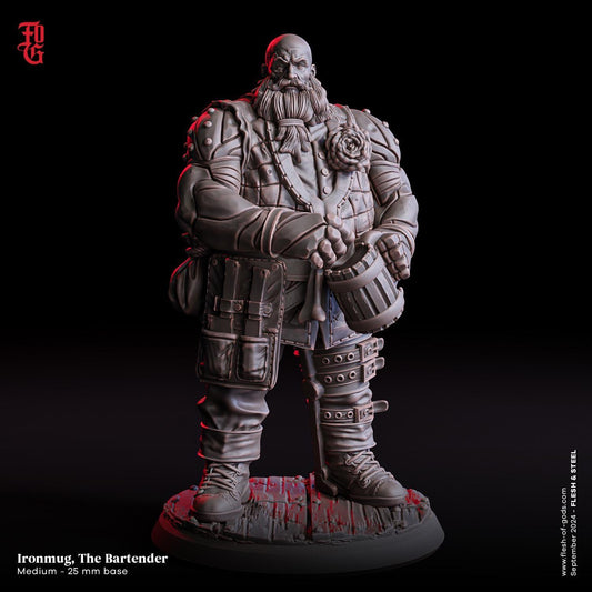 Ironmug, the Bartender Raconteur Miniature | NPC Bartender Innkeeper Figurine | 32mm Scale or 75mm Scale