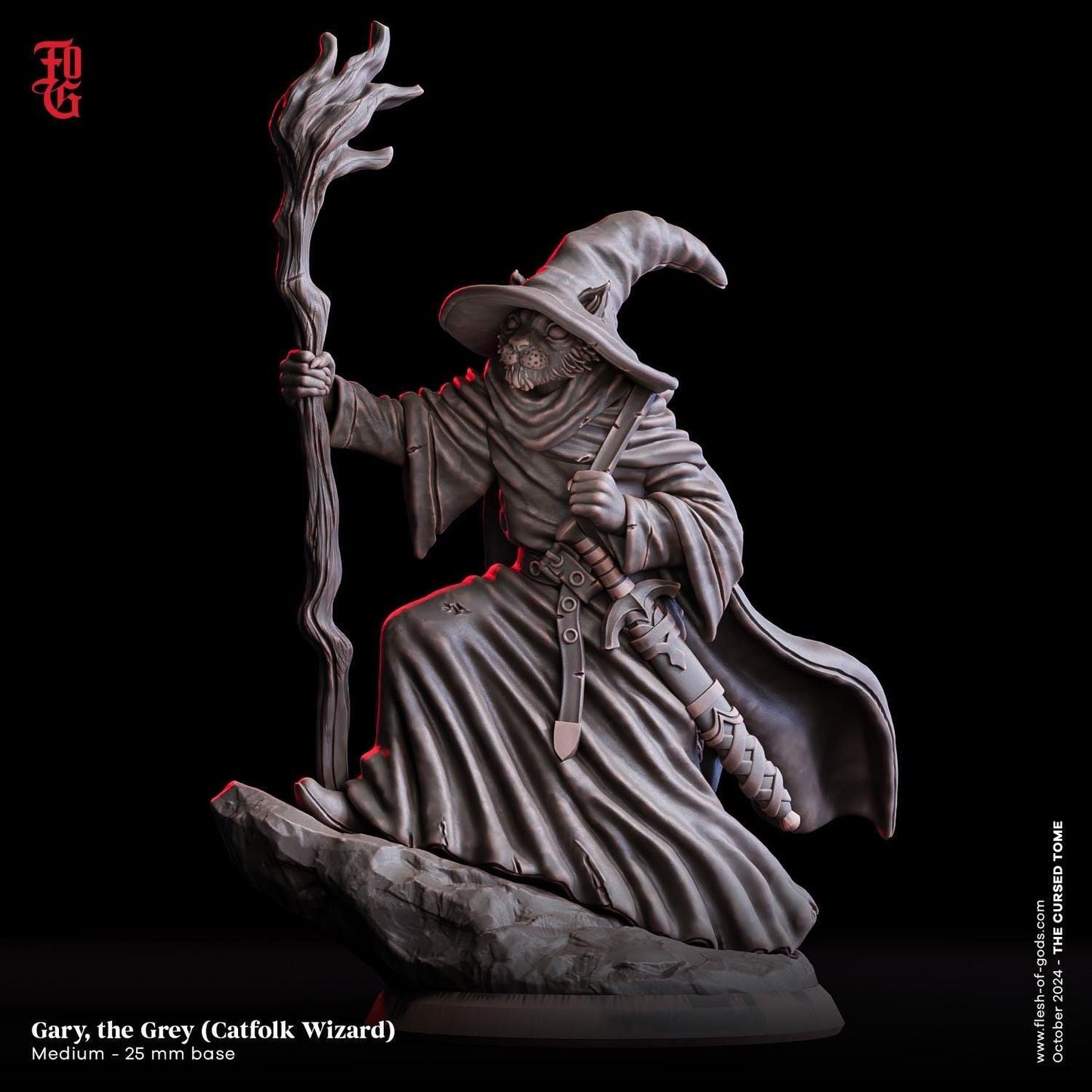 Gary the Grey Catfolk Wizard Miniature | Feline Spellcaster Figure | 32mm Scale or 75mm Scale