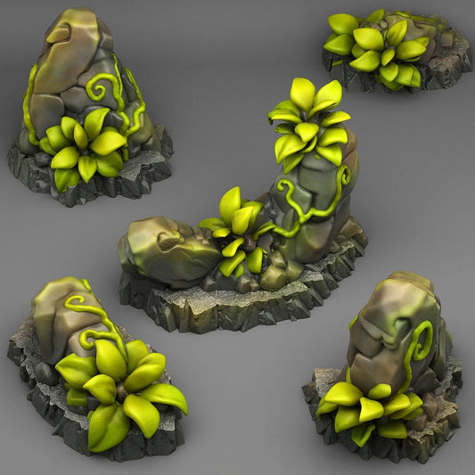 Tropical Rocks and Plant Terrain Set | Jungle Wargaming Scenery | 28mm or 32mm Scale