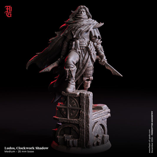 Ludos, Clockwork Shadow Figurine | Human Rogue Miniature for Tabletop Games | 32mm Scale or 75mm Scale