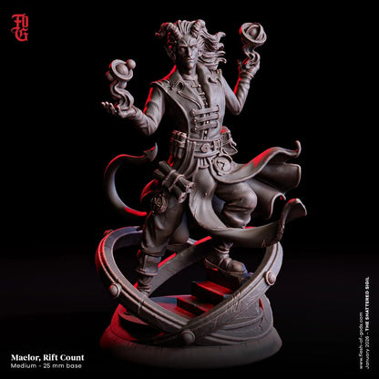 Maelor, Rift Count Miniature | Tiefling Chronurgy Wizard Spellcaster Figurine | 32mm Scale or 75mm Scale