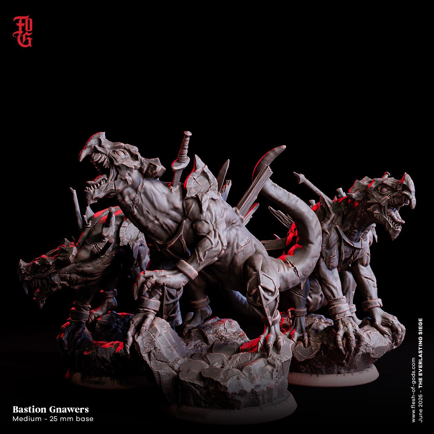 Trio of Bastion Gnawer Miniatures Medium Beast Dog Monstrosity Monster Miniature | 32mm Scale 25mm Base | Dungeons and Dragons DnD 5e