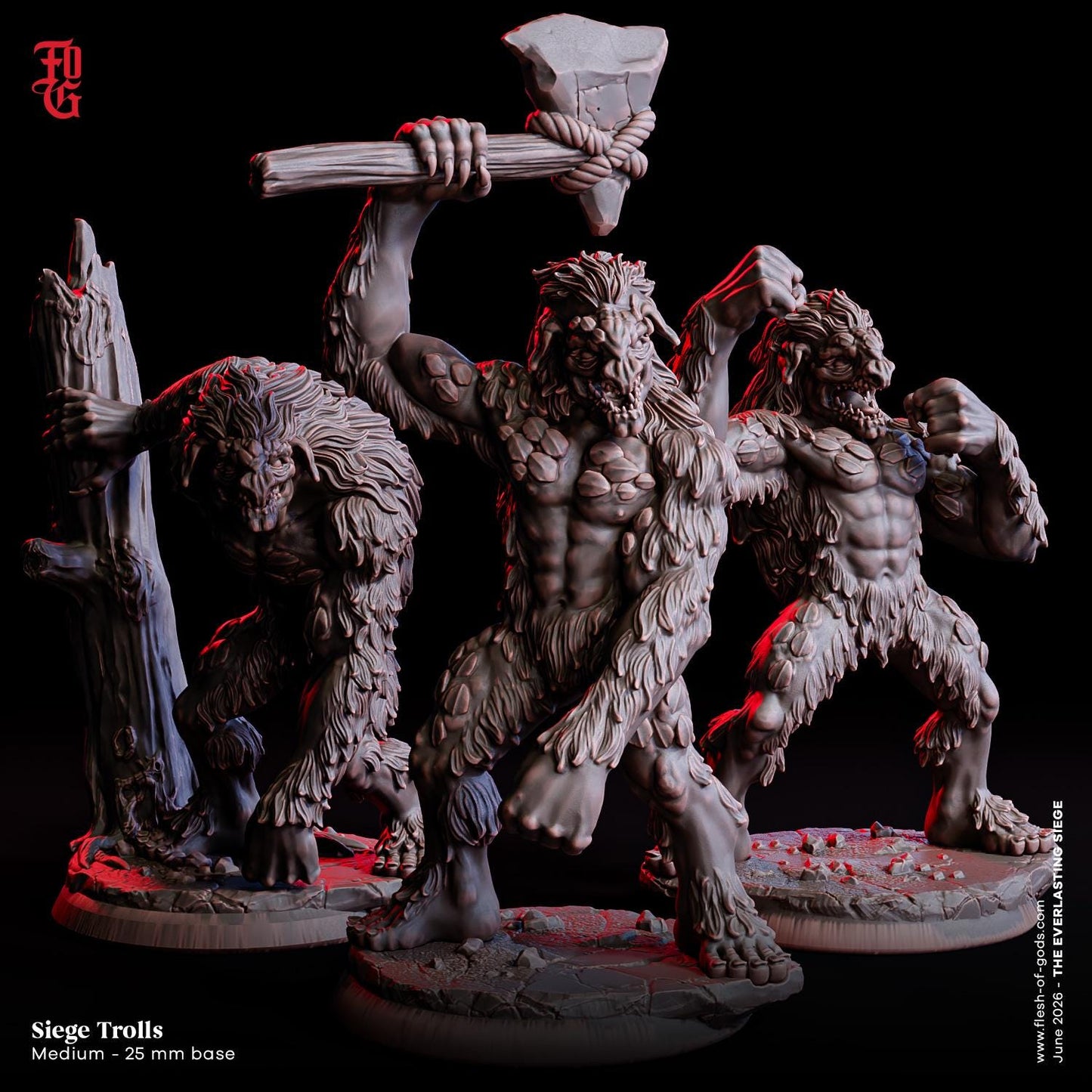 Trio of Siege Troll Miniatures Medium Giant Monster Miniature | 32mm Scale 25mm Base | Dungeons and Dragons DnD 5e