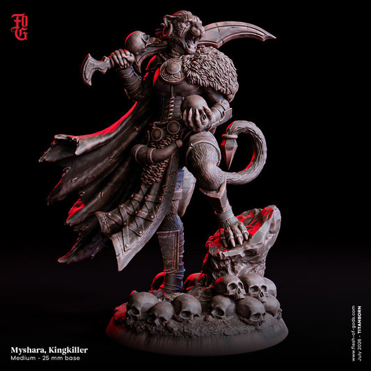 Myshara, Kingkiller Miniature | Female Catfolk Assassin Beastfolk Figurine | 32mm Scale or 75mm Scale