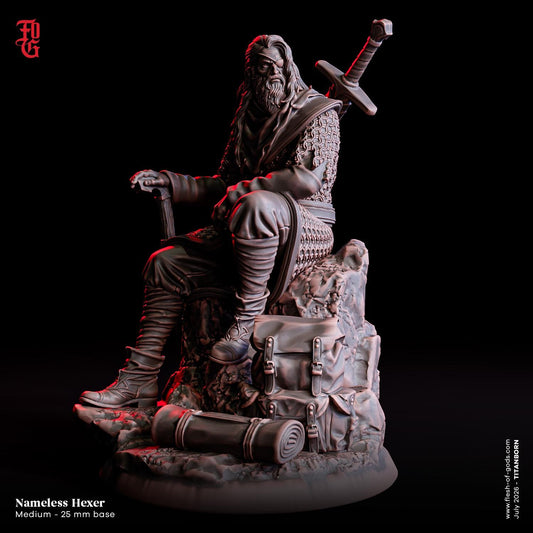 Nameless Hexer Miniature | Male Human Wise Elder NPC Figurine | 32mm Scale or 75mm Scale